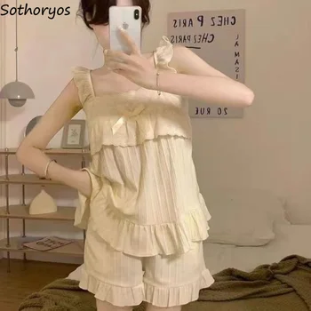Pižamų rinkiniai Moterys Vasara Miela Mergaitiška Paprasta Korėjietiška Stilius Madingi laisvalaikio miego drabužiai Jaukūs berankoviai Švelnūs Pagrindai Minkšti namų drabužiai