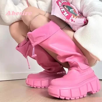 Platformos storio pado kelio aukšti batai Rožiniai apvalūs kojų pirštų sniego batai moterims Naujausi 2024 m. solidus slydimas ant prabangių laisvalaikio batų Seksualus