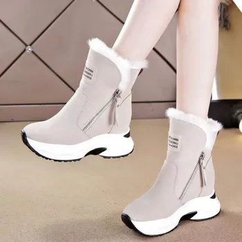 pleištiniai batai Odiniai sniego batai Moteriški žieminiai batai Šilti moteriški batai Mid-Calf Ladies Platform bateliai