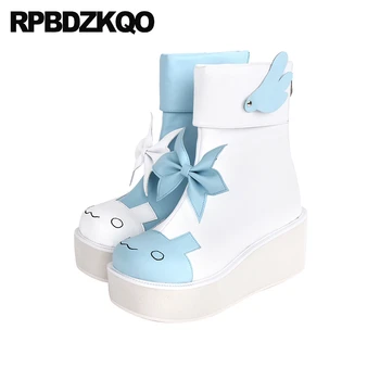 Plius Size Bowknot Angel Wing Platform 46 Zip Up Ankle Cartoon Animal Wedges Bowtie High Heels Shoes Round Toe Boots Lolita Women