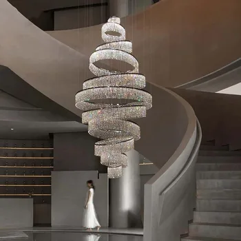 Prabangus modernus LED chromas Didelis žiedinis pakabukas Žibintai Krištolo šviestuvas Svetainės vestibiulio laiptai Pakabinama lempa Vidaus apšvietimas