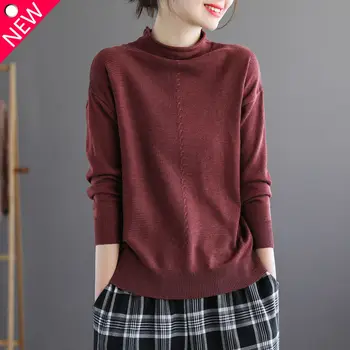 priemiestinis universalus oversized temperamentas moteriški drabužiai pusiau atvira apykakle ilgomis rankovėmis vienspalvis paprastumas Laisvalaikio megztinis