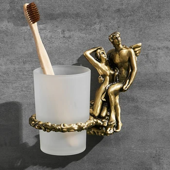 Romantiškas sieninis dantų šepetėlio laikiklis su matinio stiklo puodeliu vonios žalvario medžiagai - vandeniui ir rūdims atsparusMB-0814B