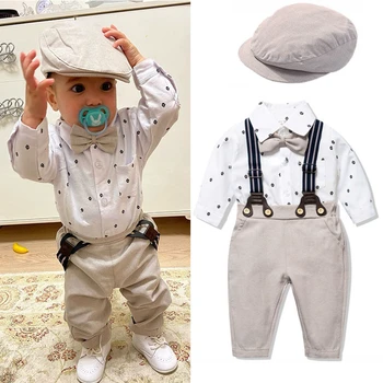 Romper Drabužių komplektas Baby Boy Bow Hat Gentleman Suit Infant Baby Bodysuit Drabužiai naujagimiams Diržinės kelnės Mažylių komplektas