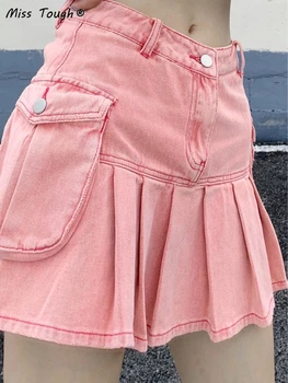 Rožinis korėjietiškas stilius Saldūs mini sijonai Moterys Vasaros A-line ploni laisvalaikio elegantiški sijonai Moteriški aukšto juosmens vintažiniai plisuoti sijonai 2022