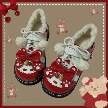 SHANPA Lolitos raudoni batai moterims Žieminiai paminkštinti vintažiniai mados Mieli apvalūs pirštai Mary Jane batai Bow Kawaii Madinga laisvalaikio avalynė