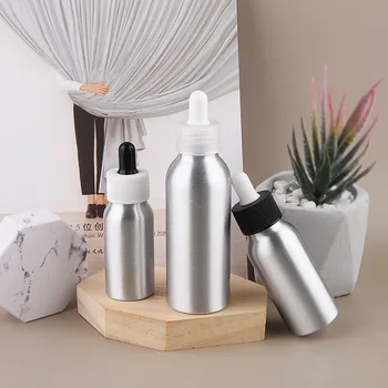 Sidabrinis aliuminio butelis, eterinio aliejaus, aliuminio butelis, dozavimo lašintuvo buteliukas