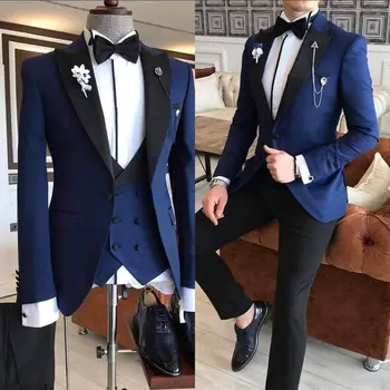 Siuvėjas Made Black Peak Lapel Blue One Button Suit Men Slim Fit Groom Tuxedos Business Prom Terno 3 Pieces(Blazer Liemenės kelnės)