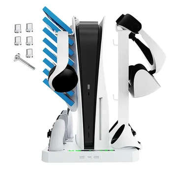 skirta PS VR2 PS5 įkrovimo stotelei su aušinimo ventiliatoriumi, VR įkrovimo ekrano stovu su ausinėmis ir žaidimų laikymo laikikliu