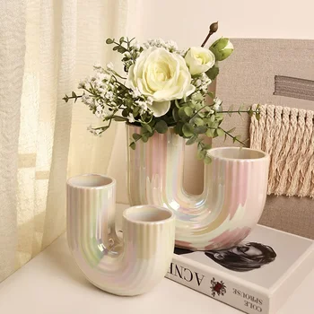Spalvingos U formos keraminės vazos gėlių vazonai Dekoratyvinės gėlės Kompozicija Stalo dekoravimas Porceliano vazos Modernus namų dekoras