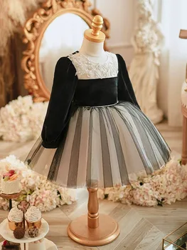 Suknelės elegantiškoms princesės merginoms ilgomis rankovėmis mergaitės vaiko vakarinė suknelė Vaikų nėriniai Tiulio kamuolinė suknelė Vaikų krikštynų drabužiai