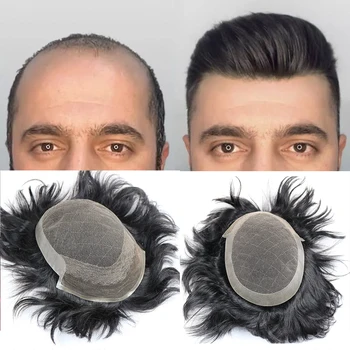 Toupee vyrams tikras žmogaus plaukų gabalas Šveicariškas nėrinių plaukų sistemos priekis balintas mazgas natūrali plaukų linija vyriškas toupee plaukų gabalas
