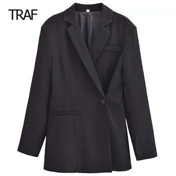 TRAF Black Blazers Moteriškas švarkas Siuvimas Ruduo Žieminės ilgos rankovės Populiariausios Naujienos Ofiso drabužiai Moterims Profesionalai