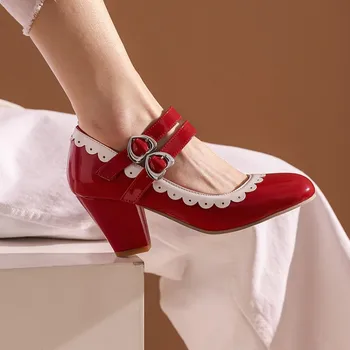 US4-14 Moteriški apvalūs pirštai Japonė Mary Janes Lolita Pumps Chunky Heel Shoes Sweet Match Colors Plus Size 6Colors Cosplay 34-48