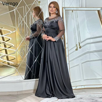 Verngo A-line O-neck Prom suknelės ilgomis rankovėmis Vakariniai vakarėlių chalatai Satin Sequines Blizganti Saudo Arabija Oficiali proga Suknelė