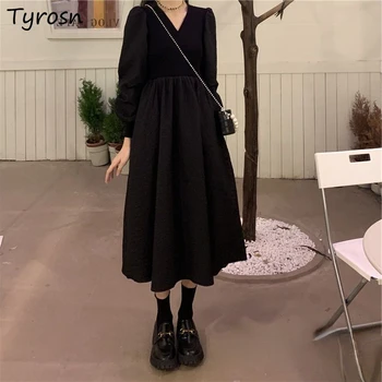 Vintažinės juodos suknelės Moteriškos V-kaklo M-4XL suknelė pūstomis rankovėmis Prancūziško stiliaus temperamentas Gatvės apranga Estetinė mada Paprasta saldi