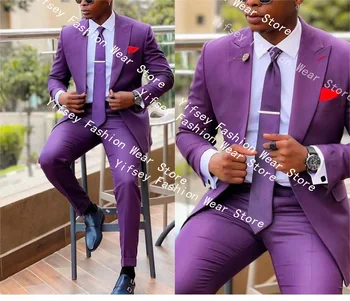 Violetinės vaikino kostiumo švarko kelnės Vyras Elegantiškas komplektas Prabangių drabužių dizaineris Vestuvių ceremonija Blazer Kelnės Apranga Aukščiausias atlapas