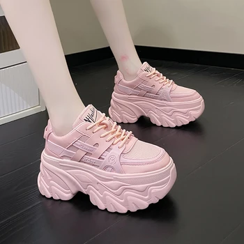 White Chunky Sneakers Women New 2023 Autumn Hidden Heel Platform Sports Dad Shoes Woman Lace Up Breathable Mesh Casual Shoes 8CM