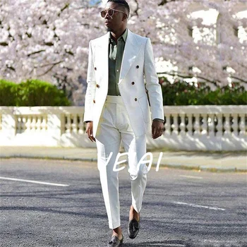 White Double Breasted Mens Suits Peaked Lapel Slim Fit Wedding Tuxedo 2 Piece African Male Fashion Jacket with Pants