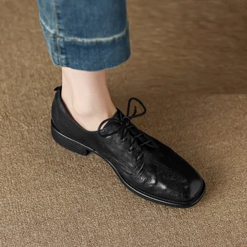 Women Flats Lace-Up Cowhide Retro Oxfords For Daily British StyleWomen Basic Loafers Real Leather Comfort Flats Round Toe