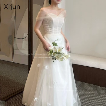 Xijun Fairy Korea Vestuvinės suknelės Fotosesija 3D gėlės Nuotakos chalatai Mielaširdingos rankovės nuo pečių Oficiali A-Line vakarėlio suknelė