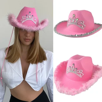Y2K Rožinės Vakarų kaubojiškos kepurės moterims Karvės mergaitės kepurės Tiara plunksna veltinis Vakarų blizgučiai Kaubojaus skrybėlių kostiumas Vakarėlio žaidimas Suknelės kepurės