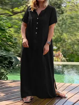 ZANZEA Moterys Vintažinis sagų chalatas Vasaros mada Maxi suknelės Laisvalaikio kieti marškiniai Moteriški trumpomis rankovėmis Vestidos Kaftan 2024