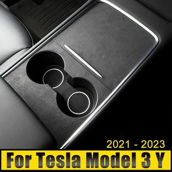 Zomšos odos automobilio centrinis valdymas Priekinis vandens puodelio laikiklis Apdailos dangtelio kilimėlis Dekoravimo lipdukas Tesla Model 3 Y 2021 2022 2023