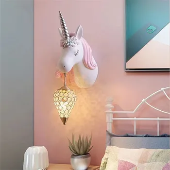 Šiaurės gyvūnų galvų siena Lempos LED dizaino derva Vienaragis Krištolo miela lempa Interjeras Miegamasis Vaikų kambarys Namų mergaičių kambarys Šviesos