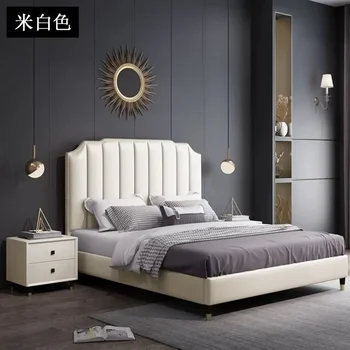 Šviesi prabangi lova, postmoderni lova, Honkongo stiliaus minimalistinė , pagrindinis miegamasis, 1,8m medžio masyvo amerikietiška lova, 1,5 vestuvės